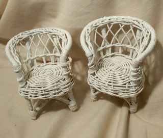 Vintage White Wicker Rattan Barbie Sized Patio Chairs Set Of 2