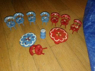 Wooden Dollhouse Furniture Kitchen Table Chairs Red Blue Hand Painted Floral Vtg
