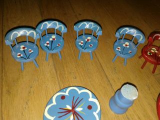 Wooden Dollhouse Furniture Kitchen Table Chairs Red Blue Hand Painted Floral VTG 2