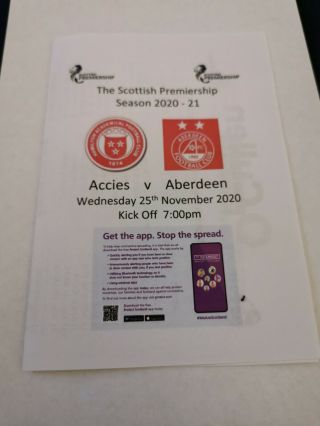 Hamilton Acc V Aberdeen Spl 25/11/2020 Rare.  4 Page Programme.
