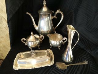 Vtg Leonard Silver - Plate 3 Piece Tea Set Teapot Creamer Sugar Butter Dish Vase
