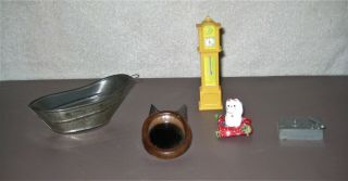 Vintage Miniature Doll House Accessories Grandfather Clock,  Cat On A Pillow,