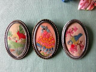 Vintage Hand Embroidered Brooches/ Crinoline Lady,  Cottage And Little Bluebird
