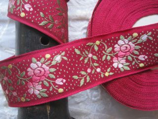 Vintage French Jacquard Red,  Pink And Green Flower Ribbon Trim 2 Yards