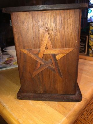 Antique Hardwood Disappearing Coin Bank With Ornate Star Details On Both Sides 3