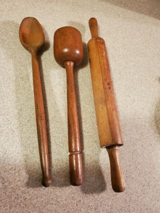 Antique / Farm House Wood Utensils - Rolling Pin,  Masher & Spoon