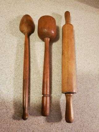 Antique / Farm House Wood Utensils - Rolling Pin,  Masher & Spoon 2