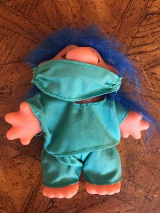 Vintage 1986 Dam Norfin Troll Doll 5 " Surgeon Doctor Nurse Scrubs Blue Hair