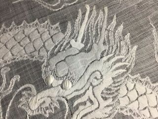 ANTIQUE PINA LINEN TABLECLOTH HAND EMBROIDERED WHITEWORK DRAGON/DRAWN THREAD. 2
