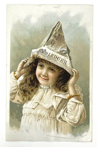 Antique Vict.  Trade Card–girl In Newspaper Hat– " Hires " Dr.  Masterson,  Albion,  Ia