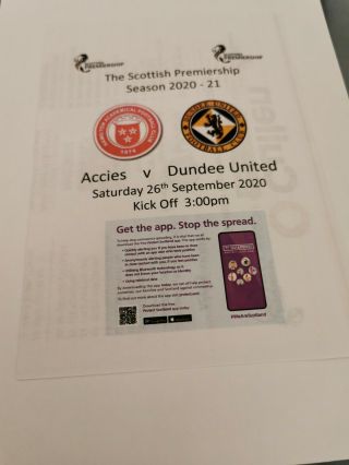 Hamilton Acc V Dundee Utd Spl 26/09/2020 Rare.  4 Page Programme.