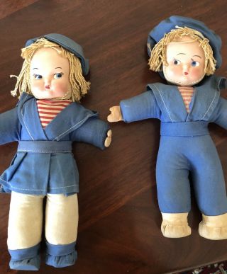 Vintage Pastic Shell Face Dolls (2) With Sailor Outfits.