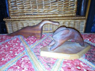 Two Vintage Naive Hand Carved Statues Of A Hare And Dinosaur