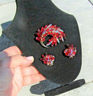 Rare Vintage Sherman Red With Aurora Borealis Brooch And Earring Set