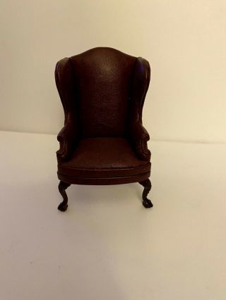 Vintage Dollhouse Miniature Leather Look Wingback Formal Chair 1:12 Scale