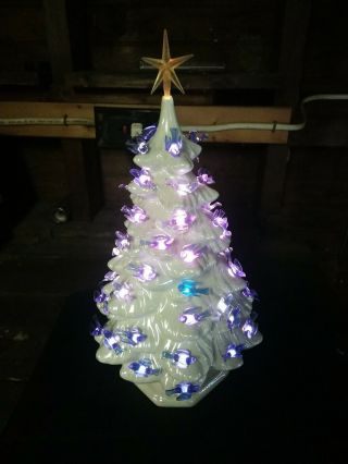Rare Vintage White Ceramic Light Up 13” Christmas Tree With Blue Bird Lights