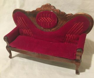 Vintage Dollhouse Miniatures Red Velour Wooden Sofa Couch With Stitching Detail