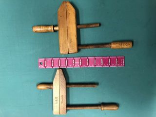 2 - Antique Wood Carpenter’s Clamps,  One Marked M & S.