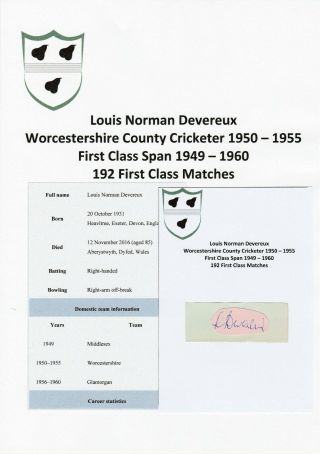 Louis Devereux Worcestershire County Cricketer 1950 - 55 Rare Autograph
