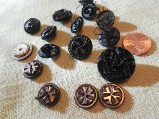 Lot4 16 Old Vintage Antique Buttons Black Glass Shell Etc Unknown
