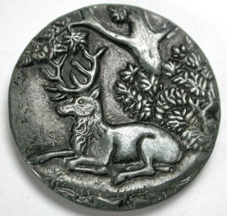 Antique Steel Button With Detailed Deer Buck In Forest Design - 1 & 1/8 "