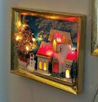 Rare Vintage MCM 1960s 3 - D Diorama Light - Up Christmas Snowman Wall Decoration 2
