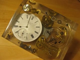 Rare Antique J W Benson Pocket Watch Movement Suspended In Acrylic Block