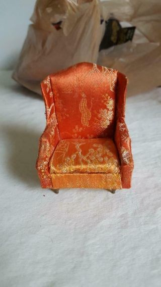 Vintage Dollhouse Miniature Red Asian Silk/satin Upholstered Wingback Arm Chair