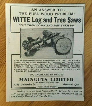 Rare 1943 Canada Canadian Ad Witte Log Tree Saws Chainsaw Powersaw