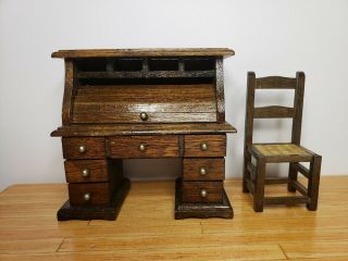 Vintage Roll Top Desk & Chair 1970s Dollhouse Furniture 1:12 Scale