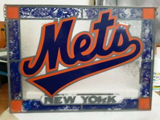 Ny Mets Stain Glass Painted Metal Hanging Sign.