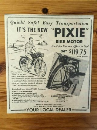 Rare 1949 Canada Canadian Ad Pixie Bike Bicycle Motor Godscroft Company Montreal