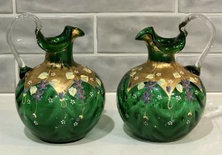 Vintage Antique Stunning Victorian Hand Painted Green Glass Jugs