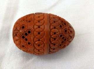 Antique Carved Cocquilla Nut Thimble Holder With Silver Thimble