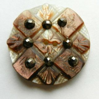 Vintage Mother Of Pearl Button Carved Top With Cut Steel Facets 1 "