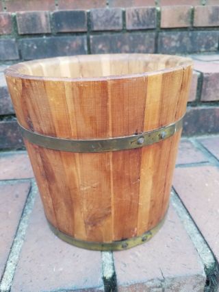 Vintage Wooden Bucket 2 Brass Bands 7 3/4 Inches Tall & 8 Inch Diameter At Top