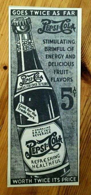 Rare 1939 Canada Canadian Ad Newspaper Pepsi Cola 5 Cents Bottle Refreshing