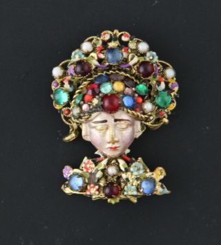 Rare & Unusual Vintage Czech Brooch - Jeweled & Filigree Crowned Royalty Person