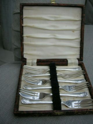 Vintage Cased Set 6 Silver Plated Epns Pastry Cake Forks Art Deco