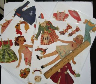 Vintage Paper Dolls - 2 Young Girls - Each 11 1/2 " Tall W/clothes & Acces - Pre - C