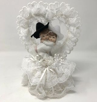 Vintage Wedding Cake Topper Cowboy Bride And Groom Ceramic 8 " Tall