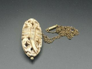 Antique Art Nouveau Hand Carved Scrimshaw Dragonfly Insect Necklace Tube Clasp