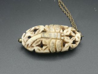 Antique Art Nouveau hand carved scrimshaw dragonfly insect necklace tube clasp 2