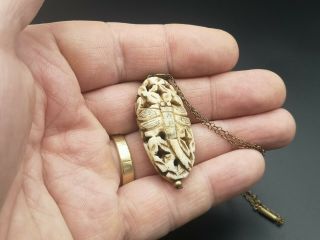 Antique Art Nouveau hand carved scrimshaw dragonfly insect necklace tube clasp 3