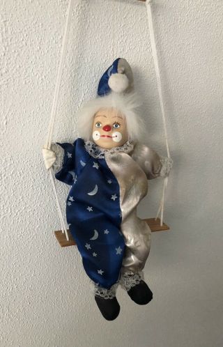 Vintage Clown Doll Porcelain Face On Swing Soft Body 26cmt Blue & Gray Outfit