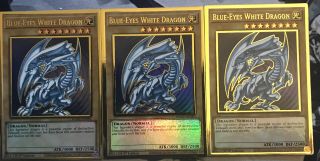3x Blue - Eyes White Dragon - Mago - En001 - Premium Gold Rare - 1st Edition Nm/m