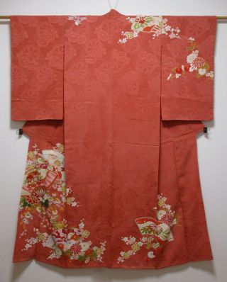 Japanese Silk Antique Kimono / Fan & Flower / Genjiguruma / Vintage Silk Fabric