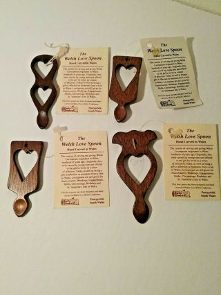 4 Vintage Miniature Hand Carved Welsh Love Spoons - Wales Love Token - No Dmg.
