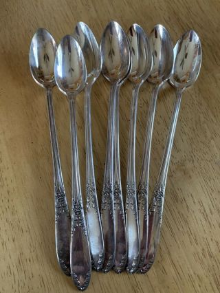 8 Vintage Silver Plate Ice Tea Long Spoon Floral Leaf Design National Silver