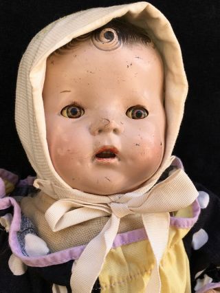 16” Vtg Composition Baby Doll Antique Tin Sleep Eyes Open Mouth Teeth Cloth Body